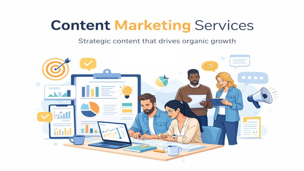 Illustration representing content marketing services strategy and team collaboration