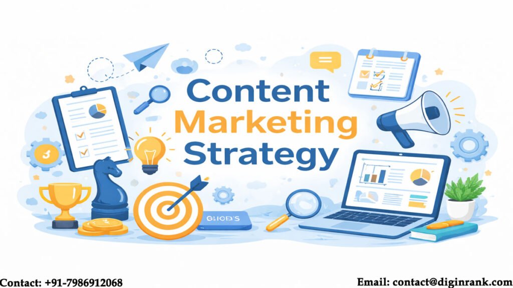 Clean white background illustration with bold “Content Marketing Strategy” text surrounded by planning, analytics, and goal-setting icons representing a structured content marketing strategy framework.