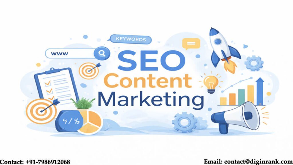 White background illustration with bold “SEO Content Marketing” text surrounded by search, keyword, analytics, and growth icons representing strategic SEO content marketing services.